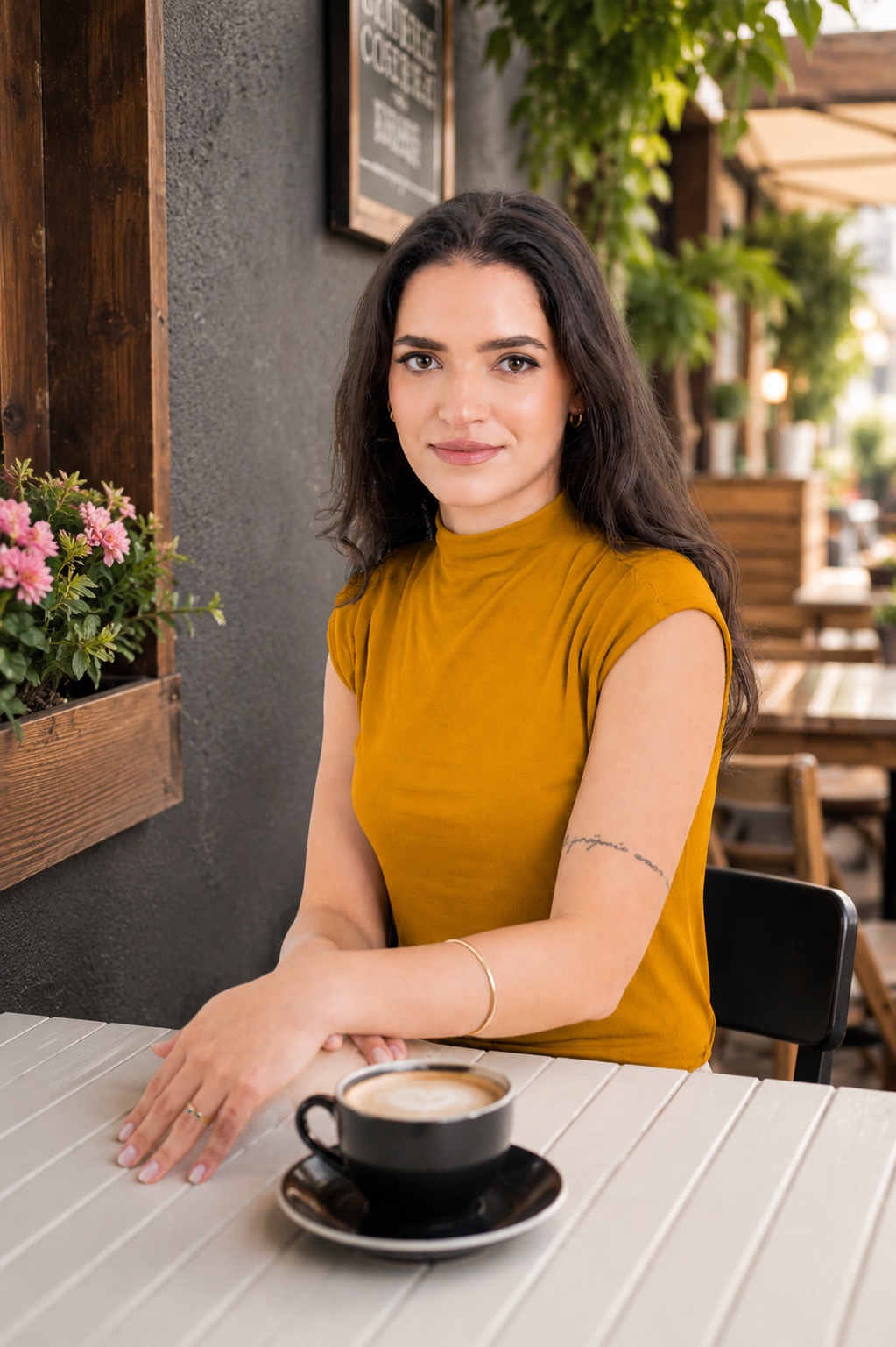 Mônica Lopes em ambiente acolhedor com café